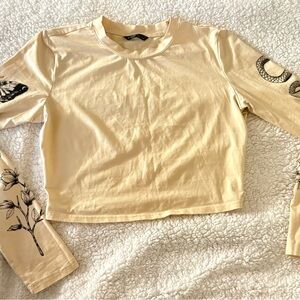 SHEIN Cream Long Sleeve Crop Top with Black Floral and Moon Designs